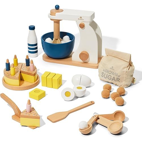 Bake-a-Cake Stand Mixer | KiwiCo Play Kitchen | Kids Baking Set Ages 3+ | Learn Early Math with Wooden Kitchen Play Set | Includes Ingredients, Stand Mixer, Measuring Spoons, Recipe Cards and More