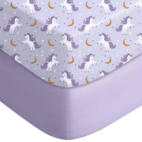 Yoofoss Pack and Play Sheets Fitted, Mini Crib Sheets 2-Pack for Pack N Play Mattress, Stretchy Playard Sheet, Soft and Breathable (Purple+Unicorn)
