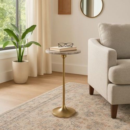 Elegant End Table, Side Table, or Small Night Stand for Room Decor - Slim Metal Drink Table with Marble Top and Trumpet Base