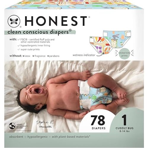 The Honest Company Clean Conscious Diapers for Sensitive Skin | Hypoallergenic, Fragrance Free | Spring '25 Limited Edition Prints | Club Box, Size 1 (8-14 lbs), 78 Count