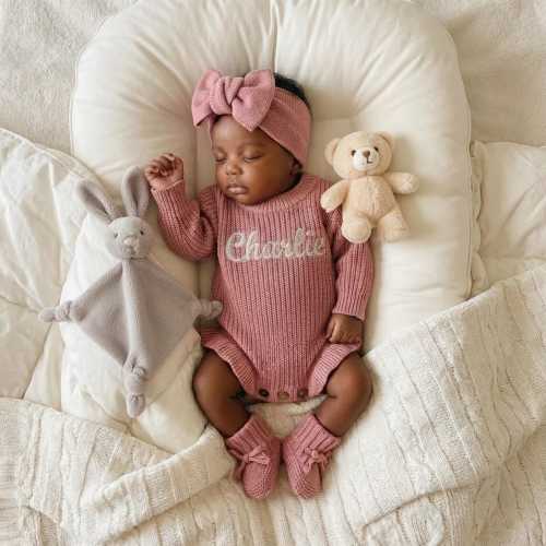 Personalized Baby Girl Romper with Headband and Booties, Dusty Rose Ruffle Knit Sweater, Embroidered Name Coming Home Outfit, Newborn Gift