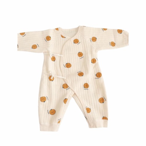 Organic Cotton Baby Kimono Romper, Orange Print, Soft Ribbed Infant Clothes