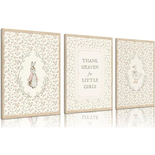 YFTTRYZ 3Pcs Vintage Nursery Wall Art Silly Goose And Bunny Posters Baby Girl Wall Decor Cute Animal Pictures Pink Flowers Canvas Painting for Farmhouse Girl's Room Baby Kids Bedroom Unframed