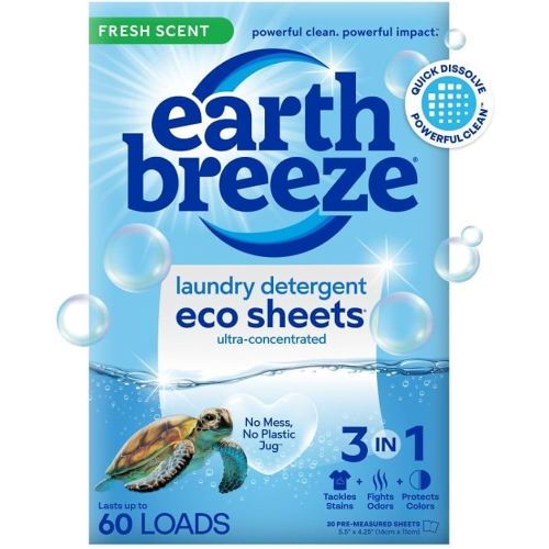 Earth Breeze Laundry Detergent Sheets Fresh Scent - 60 Loads Eco Liquidless Soap - Travel-Friendly for Hot & Cold Cycles, Tackles Tough Stains & Odors - Gentle on Skin, 30 Ct