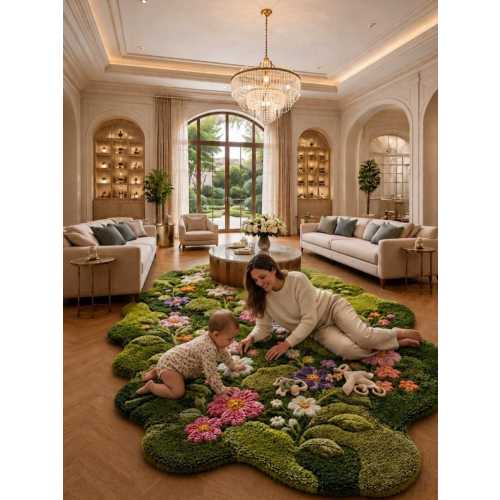 Tufted Floral Rug, 3D Botanical Area Rug, Moss Inspired Wool Rug, Flower Garden Rug, Organic Shape Rug
