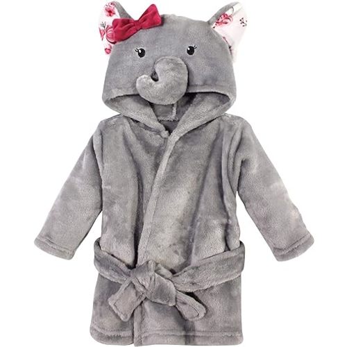 Hudson Baby Unisex Baby Plush Animal Face Bathrobe, Gray Rose Elephant, 0-9 Months