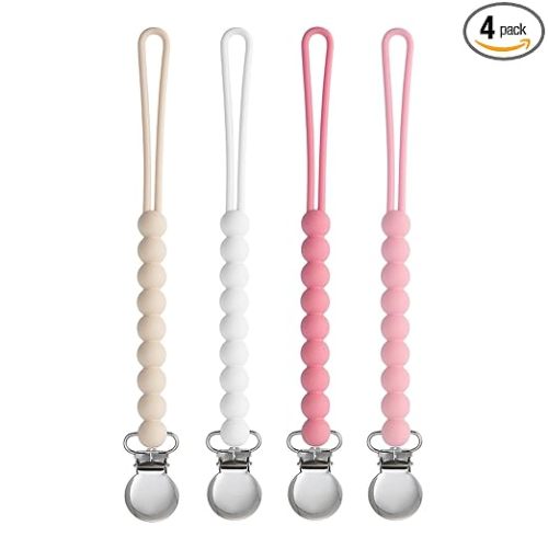 Pacifier Clip for Boys Girls - MORIBOX 4 Pack Paci Clip Soothie Baby Binky Holder for Shower Gift Birthday (Beige+White+Pink+Dpink)