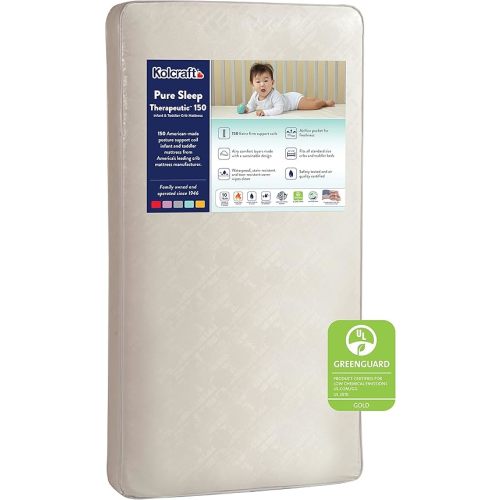 Kolcraft Pure Sleep Therapeutic 150 Certified Waterproof Baby Crib Mattress & Toddler Bed Mattress, Extra Firm Coils Hypoallergenic Comfort, GREENGUARD GOLD Air Quality Certified, Made in USA, 52"x28"