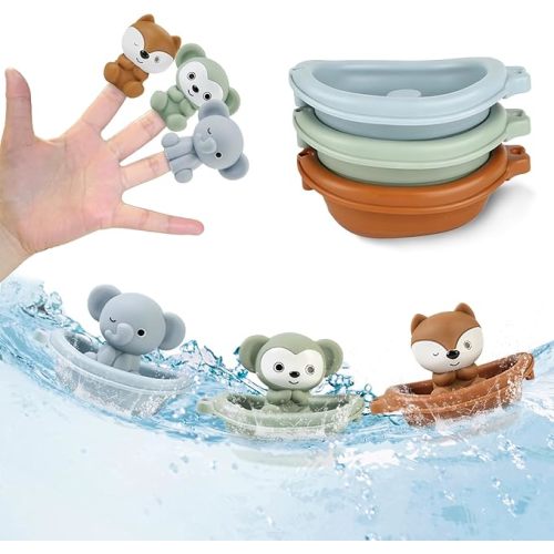 Baby Bath Toy Stackable Infant Bathtub Toys Stacking Floating Boat Train with Animal Finger Puppets Bath Toy Silicone Hand Puppet Educational Beach Toys for Babies Toddlers Party Favors