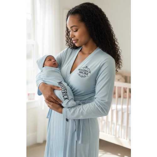 Personalized Matching Mommy Robe and Newborn Swaddle Set