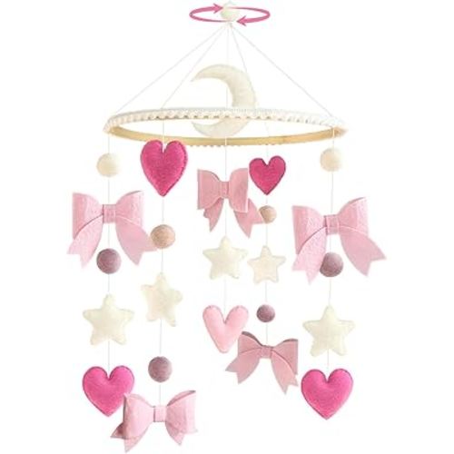 Baby Mobile for Crib Pink Bow Baby Crib Mobile for Girls Handmade Coquette Bow Nursery Decor for Infant Bedroom Hanging Pink Girls Room Decor for Bassinet Gender Reveal Newborn Gifts