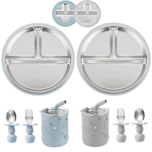PandaEar Stainless Steel Baby Feeding Set | 2 Divided Suction Plates, 2 Spill-Proof Straw Cups with Silicone Sleeves, 2 Forks & 2 Spoons | Toddler Utensils for Baby Led Weaning, BPA-Free (Blue & Grey)