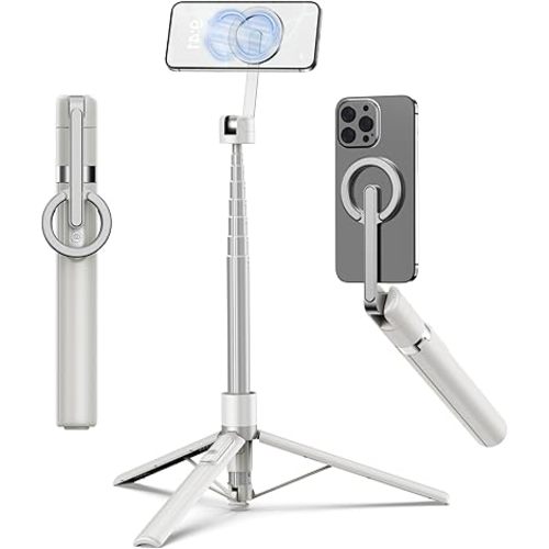 TONEOF 68" Magnetic Selfie Stick Tripod with Aluminum Strong Magnetic Holder for Magsafe, 360° Rotatable Travel Phone Tripod Stand with Metal Ring & Rechargeable Remote for iPhone/Android(Beige Gray)