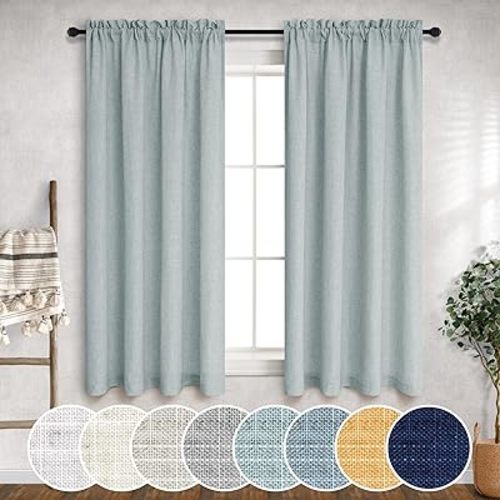 Aqua Curtains 45 inch length for Kitchen 2 Panel Sets Rod Pocket Flax Linen Blend Semi Sheer Opaque Short Cafe Curtains for Bathroom Small Windows Dusty Green Teal Grey Gray Sage Mint 52x45