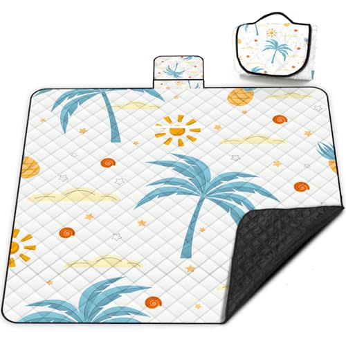 Extra Large Picnic Blanket Waterproof,80"x 80"Foldable Machine Washable Beach Blanket,Outdoor Blanket for 6-8 Adults,Suitable for Indoor Crawling,Park Beach,Camping,Hiking,Family Travel(Island)