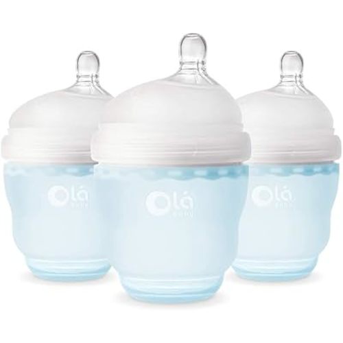 Olababy Gentle Silicone Baby Bottle, Anti-Colic, BPA Free, Easy to Clean and Wide Neck Baby Bottles Best for Breast Feeding Babies 3 Piece Set (4 Ounce, Sky)