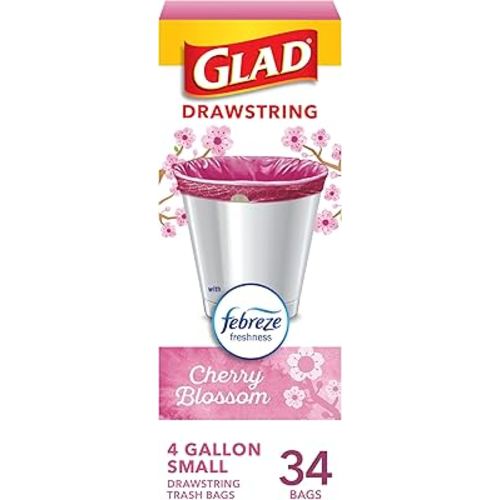Glad Small Trash Bags 4 Gallon, Febreze Cherry Blossom Garbage Bags, Odor Resistant with Drawstring, 34 Count