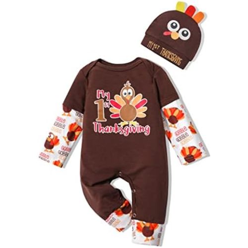 AGAPENG My First Thanksgiving Baby Boy Outfit Turkey One Piece Romper Long Sleeve Onesie Fall Winter Outfit with Cute Hat