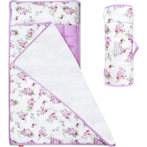 Toddler Nap Mat for Girls Floral, Kids Sleeping Mat with Fleece Blanket, Lightweight Perfect for Kids Preschool, Daycare, Travel Sleeping Bag, Fit Standard Cot