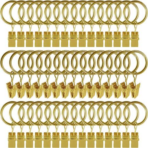 60 Pack Curtain Rings with Clips, Curtain Clip Rings Hooks, Bow Hanger Clips for Hanging Drapery Drapes Bows, Ring 1 inch Interior Diameter, Fits up to 5/8" Rod, Gold