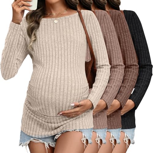 4 Pack Maternity Sweaters Winter, Ribbed Long Sleeve Maternity Shirts, Boat Neck Pregnancy Tops
