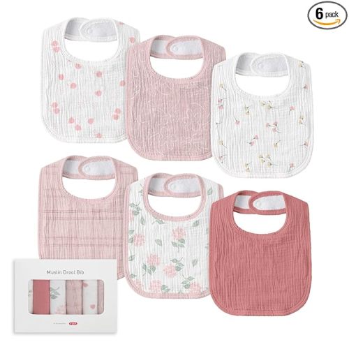 Muslin Baby Drool Bibs for Unisex Boys Girls, 6 Pack Soft Cotton Baby Bib for Teething Drooling, Essentials Shower Gift (6, Pink)