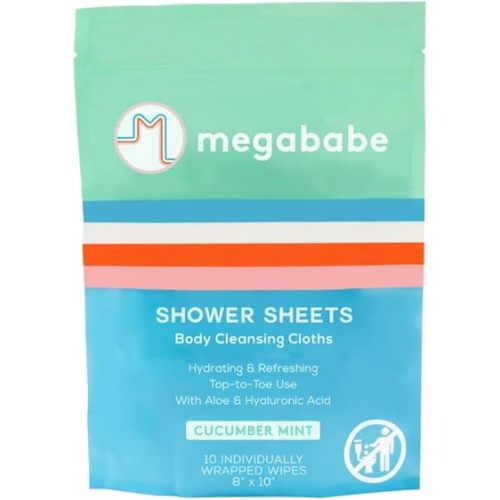 Megababe Cucumber Mint Shower Sheets, Oversized Wipes, 10 Wipes (Pack of 1)