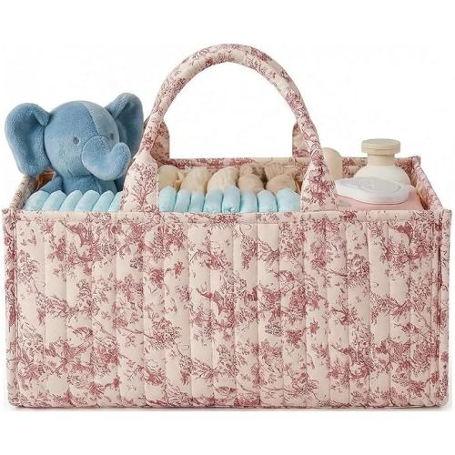 Quilted Fabric Storage Basket Floral Baby Diaper Caddy Quilted Basket Organizer for Newborn Nursery Bedroom Car Storage