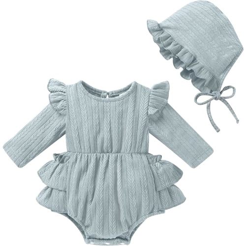 YOUNGER TREE Baby Girl Clothes Long Sleeve Ruffle Romper Infant Fall Winter Outfits with Hat Cute Jumpsuit Bodysuit