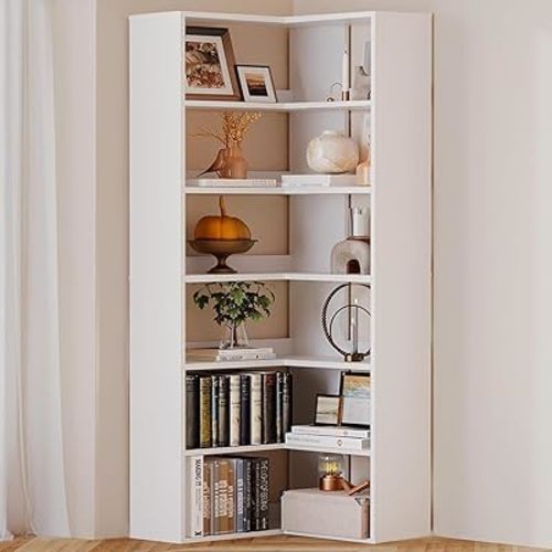 Corner Bookshelf, Freestanding L Shaped Display Shelf, 6 Tiers Bookcase with Baffles, Wooden Bookcase with Storage Organizer for Home Office, Living Room, Bedroom (23.6")