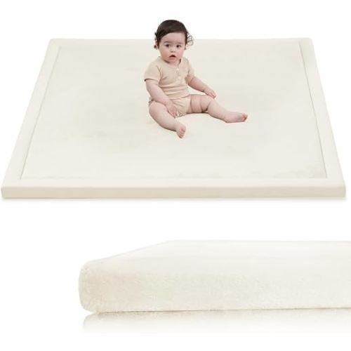 Huloo Sleep Ultra Soft Baby Play Mat for Floor,1.3" Thick Elasti-Foam 47x47 Play Mat for Playpen,Water-Repellent Coral Velvet for Tummy Time, Non-Slip Backing Safe for Toddlers & Infants（Cream）
