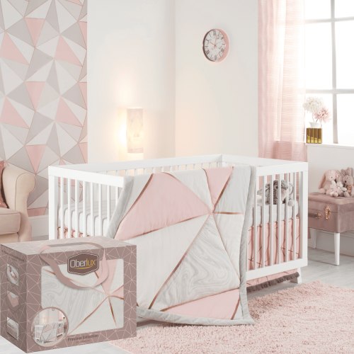 Crib Bedding Set for Girls- 4-Piece Baby Nursery Bedding Crib Set; Geometric, Rose Gold, Powder Pink & Marble | Precious Collection by Oberlux