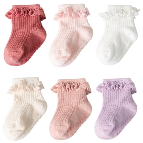 DRESHOW BQUBO Baby Girls Toddler Anti Slip Socks - Cute Frilly Ruffle Grip Ankle Socks for Infant Toddler