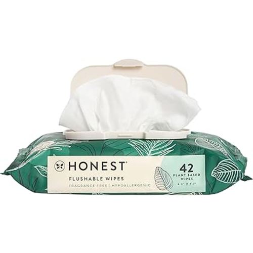 The Honest Company Flushable Wipes for Sensitive Skin | Fragrance Free, Hypoallergenic, 99% Water, Safe to Flush | pH Balanced Feminine Wipes | Tropical Leaves, 42 Count