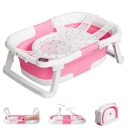 TUMAJUP Collapsible Baby Bathtub for Infants and Toddlers with Bath Net and Thermometer-Hot Pink