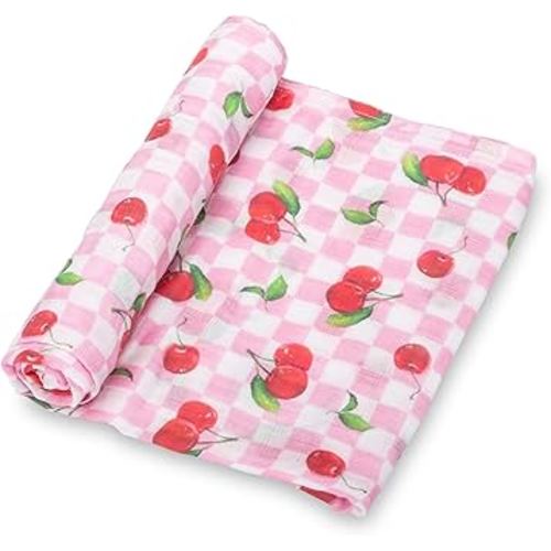 LollyBanks 100% Cotton Baby Swaddle Blanket for Baby Girls, Gentle and Soft Muslin Swaddle, Lightweight 47 x 47 Inches Swaddling Blankets for Newborn, Baby Girl Newborn Essentials (Cherry Print)