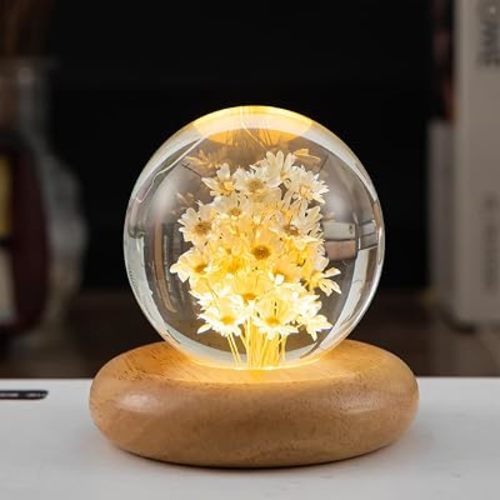 Daisy Gifts, Daisy Crystal Ball Night Light, 2.76 inch Glass Ball Lamp with Wooden Base, Perfect Daisy Décor & Daisy Gifts for Mom(White Daisy)
