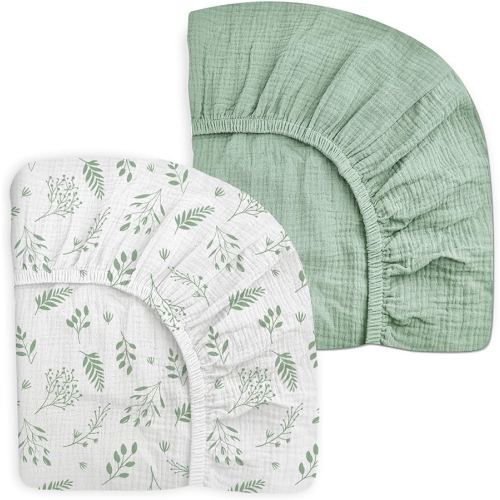 Mini Crib Sheets for Baby Boy Girl 2 Pack, Neutral Mini Crib Mattress Sheet 24" x 38", Muslin Nursery Bedding Soft and Breathable Comfort (Fern Leaf & Sage)