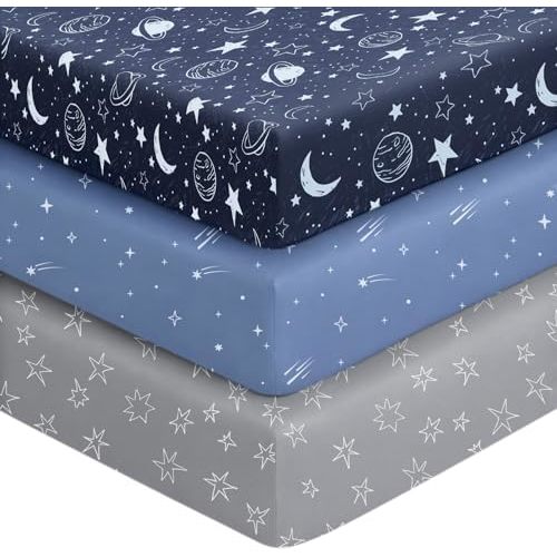 Unnivoll Baby Crib Sheets for Boys Girls, 28x52x8in Fitted Crib Sheet Neutral 3 Pack for Standard Crib and Toddler Mattress, Breathable Soft Microfiber Baby Sheet Blue Gray Planet