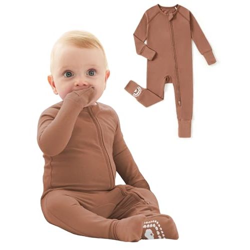 PATPAT Organic Cotton Baby Footie Pajamas with Two-Way Zipper & Fold-Over Mittens, Soft Stretchy Romper for Newborn Boy Girl