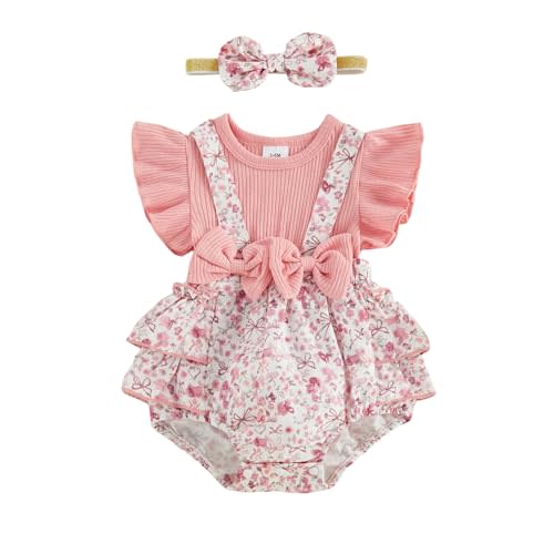 Baby Girl Floral Romper Dress Newborn 0 3 6 12 18 Months Clothes Outfit | Fly Ruffle Sleeve, Suspender Playsuit Overalls Onesie, Vintage Floral Print, Matching Headband, For Spring Summer Fall Winter