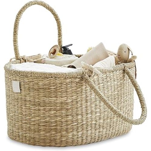 BEBE BASK Premium Baby Diaper Caddy Organizer - Artisan-Made Seagrass Basket With Cotton Divider - Award-Winning & Luxury Diaper Caddy Basket (ROSA)