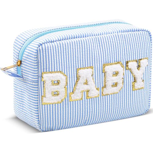 Sanwuta Seersucker Cosmetic Bags Baby Bag Chenille Letter Baby Toiletry Bag Stripe Diaper Pouch Large Preppy Storage Pouch Toiletry Travel Organizer, Gifts for Mom Women