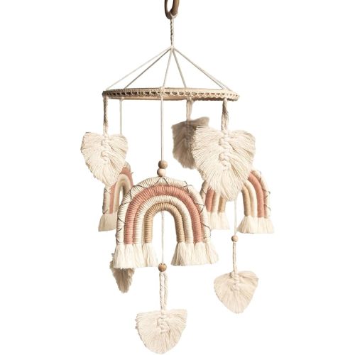 Rainbow Crib Mobile for Girls - Handmade Macrame Boho Baby Mobile, Natural (Pink)