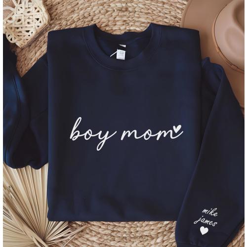 Custom Boy Mom Sweatshirt, Kid Name on Sleeve, New Mom Crewneck, Gift For Mom, Personalized Boy Mommy Sweater, Mother's Day Sweatshirt