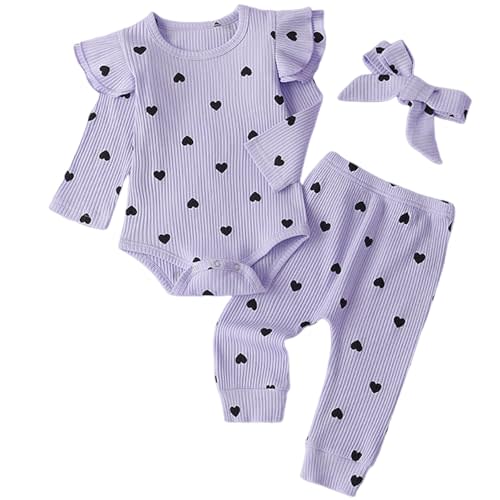 Fullfamous Baby Girl's 3pc Rib Frill Long Sleeve Romper and Pant Set