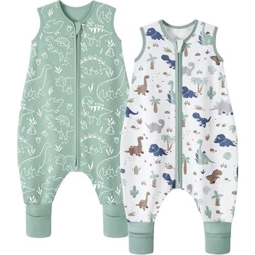 Toddler Sleep Sack with Feet 12-24 Months 0.5 Tog Sleep Sack with Legs Toddler Wearable Blanket with Feet Cotton Walker Sleep Sack 2-Way Zipper Zipper Green Dinosaur