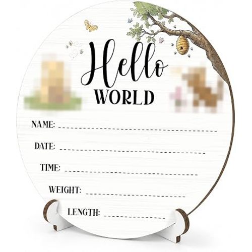 Winnie Hello World Newborn Sign, Classic Winnie Bear Baby Announcement Sign for Newborn Boy Girl, Wooden Welcome Baby Birth Sign for Nursery Hospital, Neutral Babies Shower Gifts-A05
