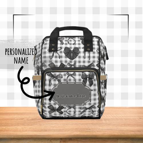 Personalized Name Diaper Bag Backpack Coquette Black Ribbons Bows Gingham Gothic Girly Coquettecore Trendy Newborn Baby Multi-Purpose Tote