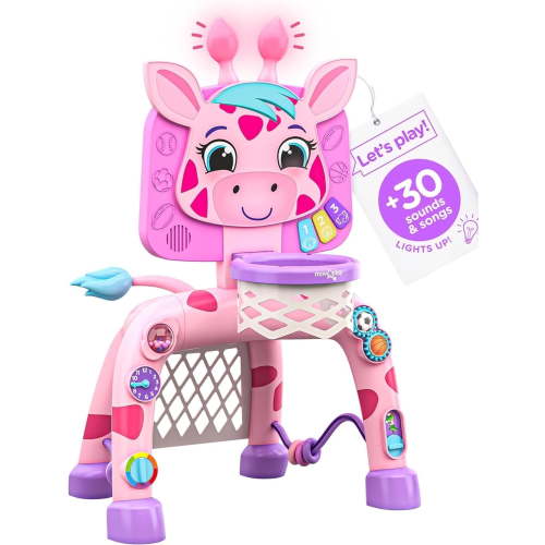 Move2Play, Giraffe Basketball Hoop & Soccer Goal Activity Center | 30+ Sounds & Songs + 5 Lights | 1 2 3 Year Old Birthday Gift for Boys and Girls | Toy for Baby & Toddlers (Pink)
